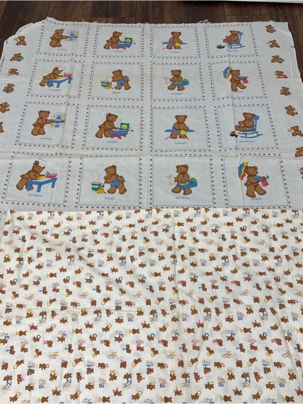 Teddy Bear Fabric vintage “A bearable week” cotton fabric set